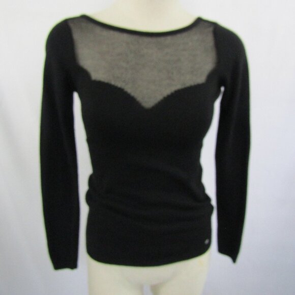 Guess Sheer Sequin Knit Blk Sweater Size Medium Long Sleeves Pullover metal logo - Picture 1 of 10